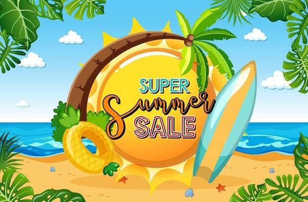 Super Summer Sale banner with beach scene