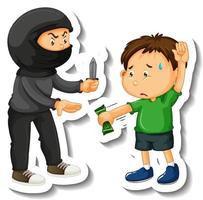 Sticker with a boy getting robbed by a thief cartoon character vector