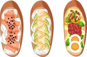 Set of Bruschettas with different toppings on white background