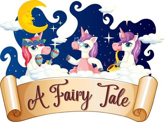 A Fairy Tale font logo with many unicorns dancing on a cloud