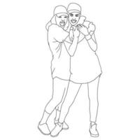 coloring pages a girl hugs the girl from behind, happy moment, vector