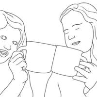 Coloring Pages - two cute girls having a cup of coffee, vector