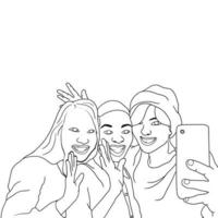 páginas para colorear: un grupo de chicas haciendo clic en selfies, momentos de amigos, vector
