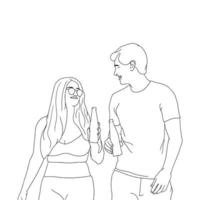 coloring pages couple walking with a beer bottle or cold drink, vector