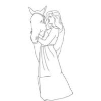 páginas para colorear - niña con el caballo en pose de pie, vector