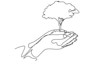 mano de línea continua sosteniendo un árbol joven vector