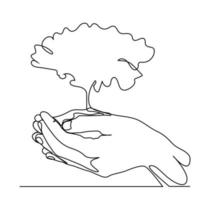 continuous line hand holding a young tree vector