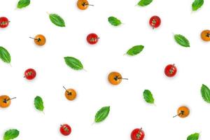 Raw material with basil leaves, tomato on white background. photo