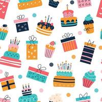 Seamless pattern with gifts, cakes and cupcakes, vector design