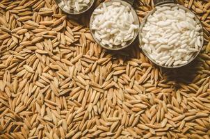 Fondo y papel tapiz por pila de arroz con cáscara y semillas de arroz. foto