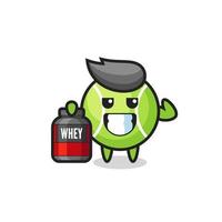 the muscular tennis ball character is holding a protein supplement vector