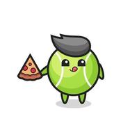 cute tennis ball cartoon eating pizza vector