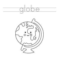 Trace and color cute kawaii school globe. Worksheet for kids. vector