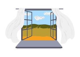 Open window with fluttering curtains hand drawn. Outdoor autumn wind vector