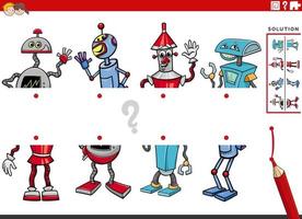 Combina mitades de imágenes con el juego educativo de robots cómicos. vector