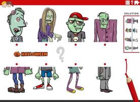 match halves of pictures with comic zombies educational game vector