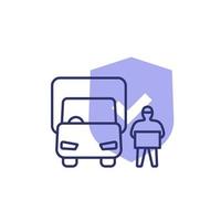 Icono de línea de entrega segura, camioneta y trabajador con caja y escudo vector