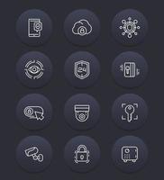 Security, video surveillance, biometric scan, secure data line icons vector