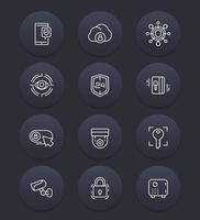 Security, video surveillance, biometric scan, secure data line icons vector