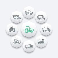 Agricultural machinery line icons, combine harvester, tractor vector