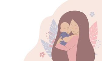 A young happy woman holds a baby in her arms. Mother day concept vector