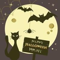 Happy Halloween night banner with moon, bats, web and magic black cat vector