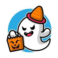 Cute ghost holding candy basket pumpkin cartoon illustration. vector