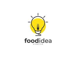 Logotipo creativo de idea de comida con diseño de bombilla y tenedor. vector