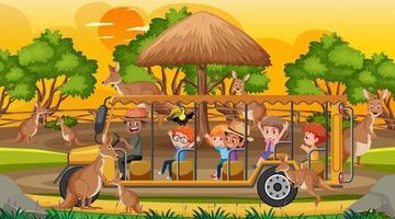 Safari at sunset scene with kids watching kangaroo group vector