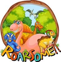 rugir alguna palabra tipografía con grupo de personajes de dinosaurios vector