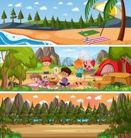 paisaje de naturaleza diferente en la escena diurna con personaje de dibujos animados vector