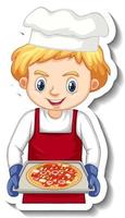 Diseño de etiqueta con niño chef sosteniendo bandeja de pizza vector