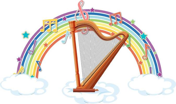 Harp with melody symbols on rainbow