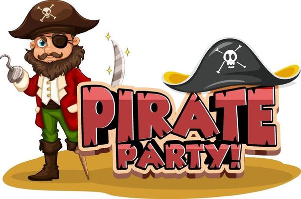 Pirate Party font banner with a pirate man cartoon character