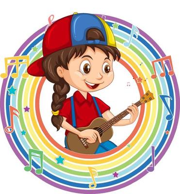 A girl playing guitar in rainbow round frame with melody symbols