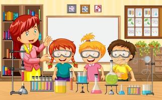 escena del aula con un maestro y niños haciendo experimentos científicos. vector