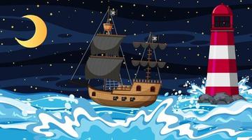 océano con barco pirata en la escena nocturna en estilo de dibujos animados vector