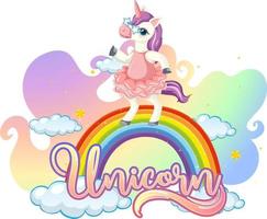 personaje de dibujos animados de unicornio de pie sobre un arco iris con fuente de unicornio vector