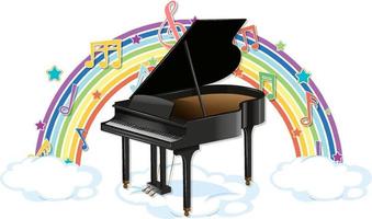 Piano with melody symbols on rainbow vector