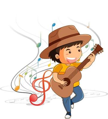 Cartoon character of a boy playing guitar with melody symbols