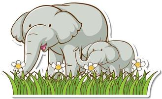 Elphant mom and baby standing in grass field sticker vector