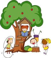 Many kids doing different activity with a big tree isolated vector