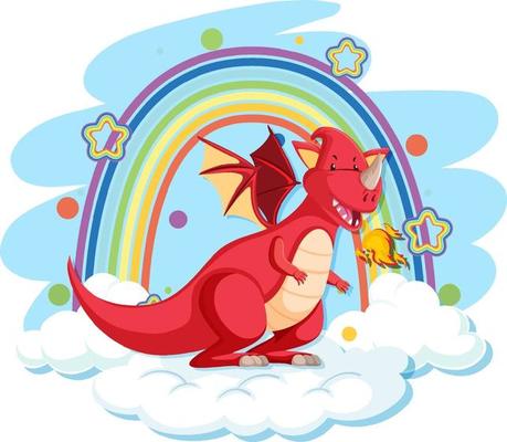 Cute red dragon on the cloud with rainbow