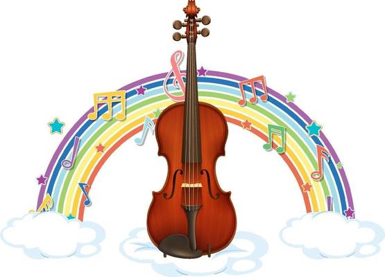 Violin with melody symbols on rainbow