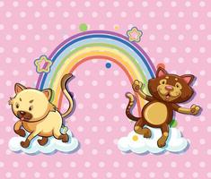 Two cats on the cloud with rainbow on pink polka dot background vector