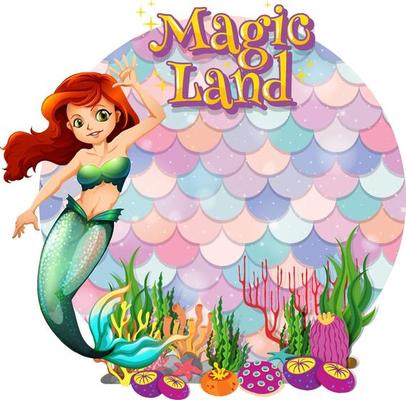 Beautiful mermaid cartoon character with blank pastel scales banner