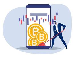 El hombre cava monedas de bitcoin en el teléfono, billetera de moneda digital