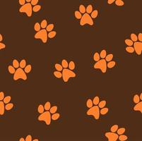 Seamless pattern of orange cat footprint with dark brown background vector