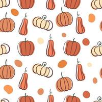 Seamless autumn pattern with stylized pumpkins and shapes.