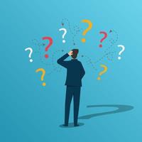 Unsure businessman thinking and doubting with question mark concept vector